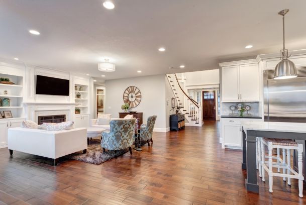 Modern living room with kitchen on the side